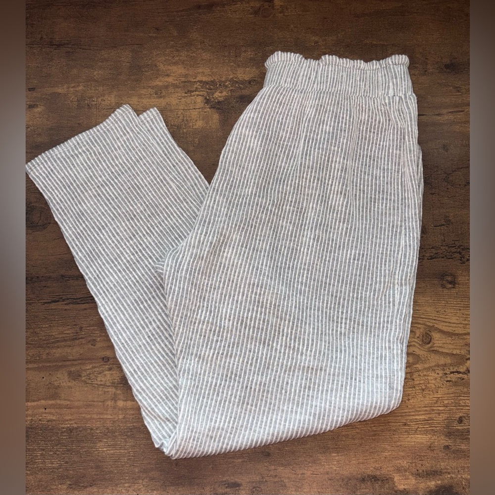 Caution To The Wind Gray Striped Linen Capri Pants